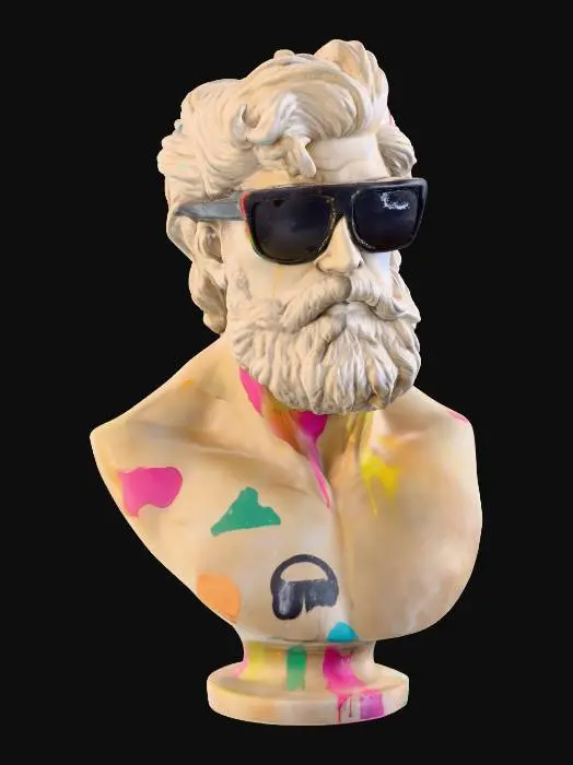 3D model for Hercules bust with sunglasses, covered in spray paint, colourful, marble, worn,  