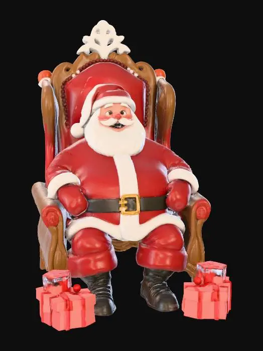 3D model for fat, jolly santa, sitting in a wooden throne, presents surround him, Disney Style, happy, colourful, smiling, #Christmas2025#