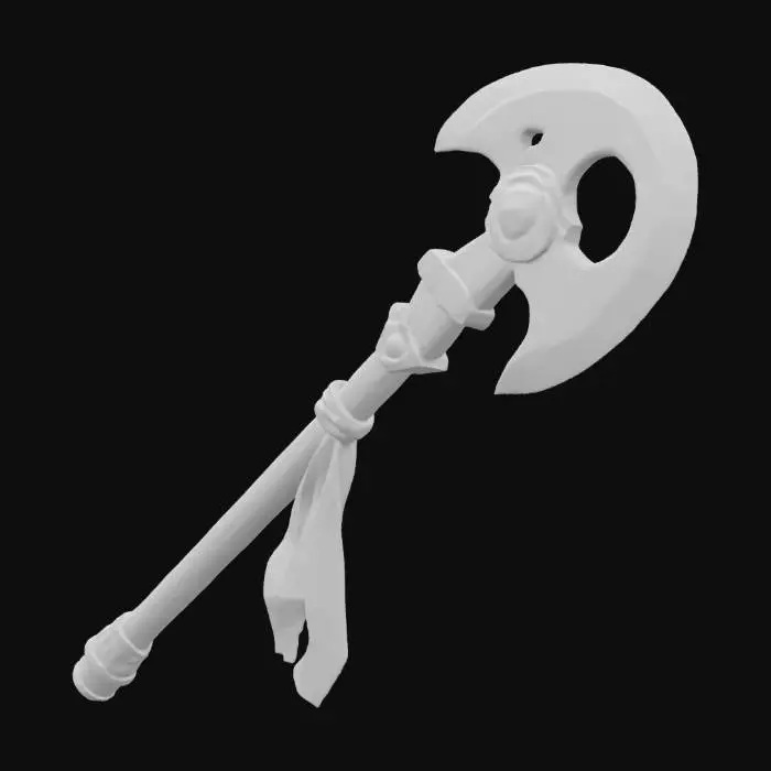 3D model for Create a powerful double-edged great axe. Its blades are adorned with ancient runes. Its pommel is set with a ruby, and its handle is made of wood and richly crafted. A white cloth is attached to the bottom of the handle and is decorated with a symbol of a lost kingdom.