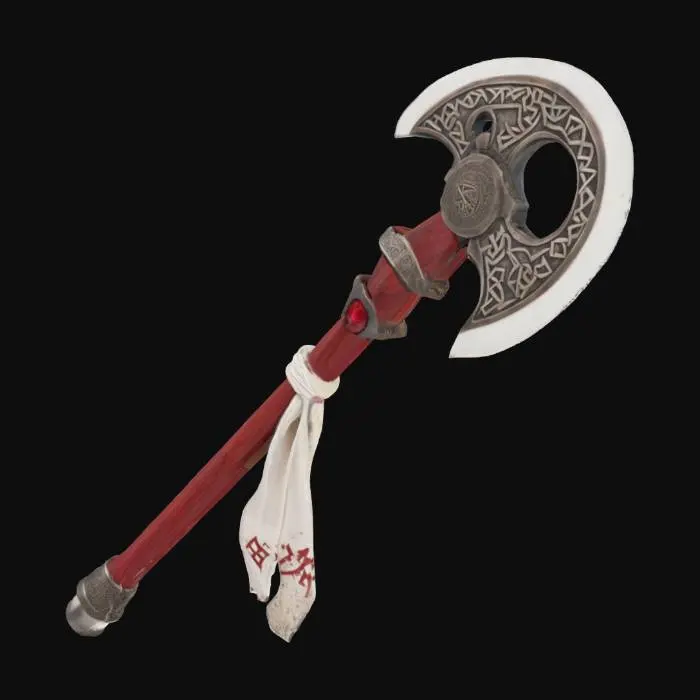 3D model for Create a powerful double-edged great axe. Its blades are adorned with ancient runes. Its pommel is set with a ruby, and its handle is made of wood and richly crafted. A white cloth is attached to the bottom of the handle and is decorated with a symbol of a lost kingdom.