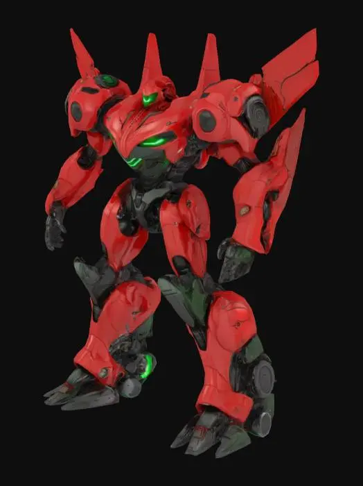 3D model for антропоморфный боевой робот  трансформер со стилизацией под божью коровку, красно-черные цвета, крылья, крылья овальной широкой формы, брутальность и гибкие округлые крылья, широкий торс, красный хромированный металл высочайшей детализации, зеленые фонари- глаза, высочайшая детализация, высокая детализация грязи, хромированные-углепластиковые вставки сверхвысокой детализации, сверхвысочайшая детализация 8k, высочайшая детализация отражений, ,HDR