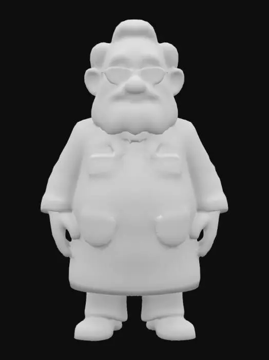 3D model for Create a model of a pharmacist man. The pharmacist should be old. The pharmacist should have large light grey beard and large moustache, similar to the Santa Claus. The pharmacist should wear glasses. The pharmacist should wear a white lab coat and black pants. The lab coat should have a "Rx" text embossed on the front. Try to create a high quality, detailed model.