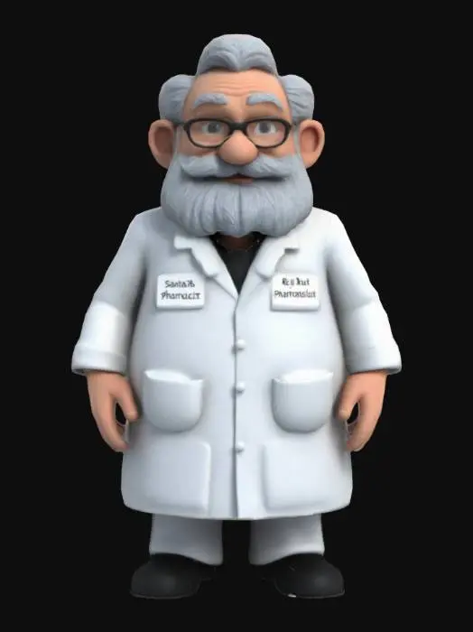 3D model for Create a model of a pharmacist man. The pharmacist should be old. The pharmacist should have large light grey beard and large moustache, similar to the Santa Claus. The pharmacist should wear glasses. The pharmacist should wear a white lab coat and black pants. The lab coat should have a "Rx" text embossed on the front. Try to create a high quality, detailed model.