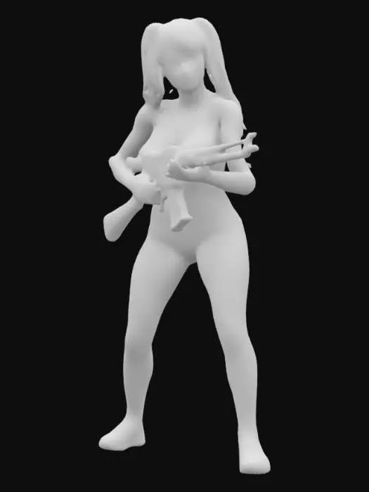 3D model for A Colombian 75-kilogram woman, twintailed girl holding a machine gun and wearing a bikini. She has been painted head to toe with camouflage colours, Highly Detailed, Ultra Realistic