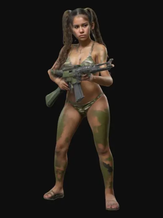 3D model for A Colombian 75-kilogram woman, twintailed girl holding a machine gun and wearing a bikini. She has been painted head to toe with camouflage colours, Highly Detailed, Ultra Realistic