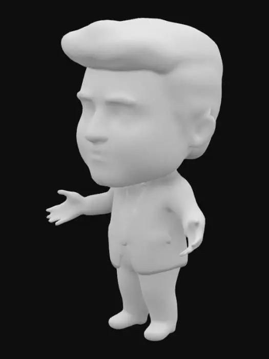 3D model for Donald trump with his signature suit and tie, exaggerated oversized head, detailed facial features, and textured hair quaff, all on a smaller, suited body with outstretched arms and petite 
hands