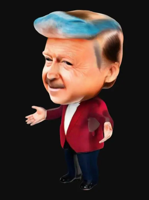 3D model for Donald trump with his signature suit and tie, exaggerated oversized head, detailed facial features, and textured hair quaff, all on a smaller, suited body with outstretched arms and petite 
hands