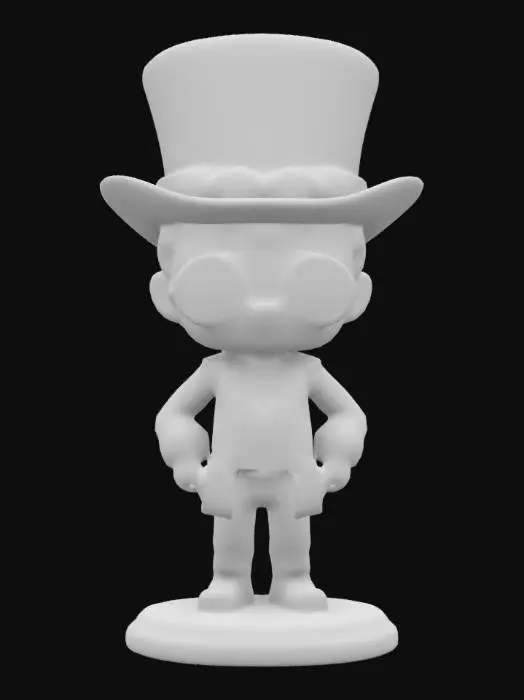 3D model for A male steampunk adventurer wearing a suit coat and a top hat.  Chibi art style.  Standing on a round base.  Highly stylized. Ensure all walls and features are at least 2mm thick.  Include bold, recessed features with a depth of at least 2mm. Maintain sharp, clean lines. Embossed features to rise at least 2mm above the surface. Recess etched details at least 2mm deep for clarity. DND.