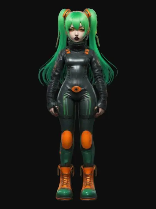3D model for stylized, super cute and sexy cyber goth anime girl, bright green hair, hot orange and dark grey color scheme for her leather space suit, wearing heavy scifi tech boots, beautiful, face Dark Teal Lipstick, vibrant colors, ultra high details, Style: Anime