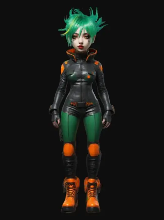 3D model for stylized, super cute and sexy cyber goth anime girl, bright green hair, hot orange and dark grey color scheme for her leather space suit, wearing heavy scifi tech boots, beautiful, face Dark Teal Lipstick, vibrant colors, ultra high details, Style: Anime