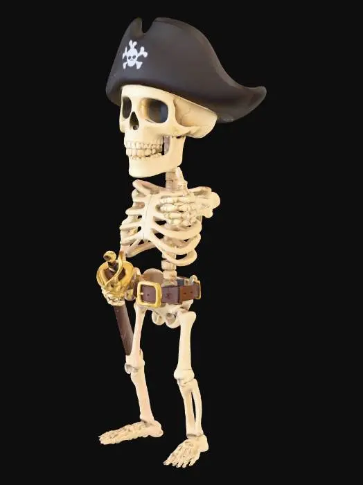 3D model for A cartoon-style skeleton. It is standing upright on its legs. A saber in a scabbard hangs from its belt. On the skeleton’s head is a pirate tricorn hat. Its left hand rests on its belt. Its right arm is extended forward with the thumb raised up. The skeleton’s head is slightly tilted to the side.