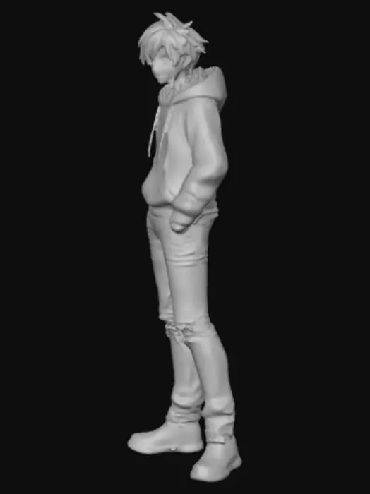3D model for Create an ultra-detailed 3D anime-style model of Sung Jinwoo from Solo Leveling in his early E-rank phase. Show him slim, slightly pale, tired eyes, and messy black hair partly covering his face. Outfit: worn black hoodie, dark undershirt, ripped jeans, old sneakers. Add dirt and scratches on clothes. Lighting: cinematic dungeon mood — blue mana crystal glow with faint warm torchlight. Focus on detailed textures: fabric folds, skin pores, realistic hair strands, expressive anime eyes. Background: dark misty dungeon corridor with cracked walls and subtle fog. Capture a fragile but determined aura, showing his quiet willpower before transformation. Render with realistic anime lighting, shadows, and depth.