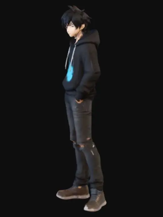 3D model for Create an ultra-detailed 3D anime-style model of Sung Jinwoo from Solo Leveling in his early E-rank phase. Show him slim, slightly pale, tired eyes, and messy black hair partly covering his face. Outfit: worn black hoodie, dark undershirt, ripped jeans, old sneakers. Add dirt and scratches on clothes. Lighting: cinematic dungeon mood — blue mana crystal glow with faint warm torchlight. Focus on detailed textures: fabric folds, skin pores, realistic hair strands, expressive anime eyes. Background: dark misty dungeon corridor with cracked walls and subtle fog. Capture a fragile but determined aura, showing his quiet willpower before transformation. Render with realistic anime lighting, shadows, and depth.