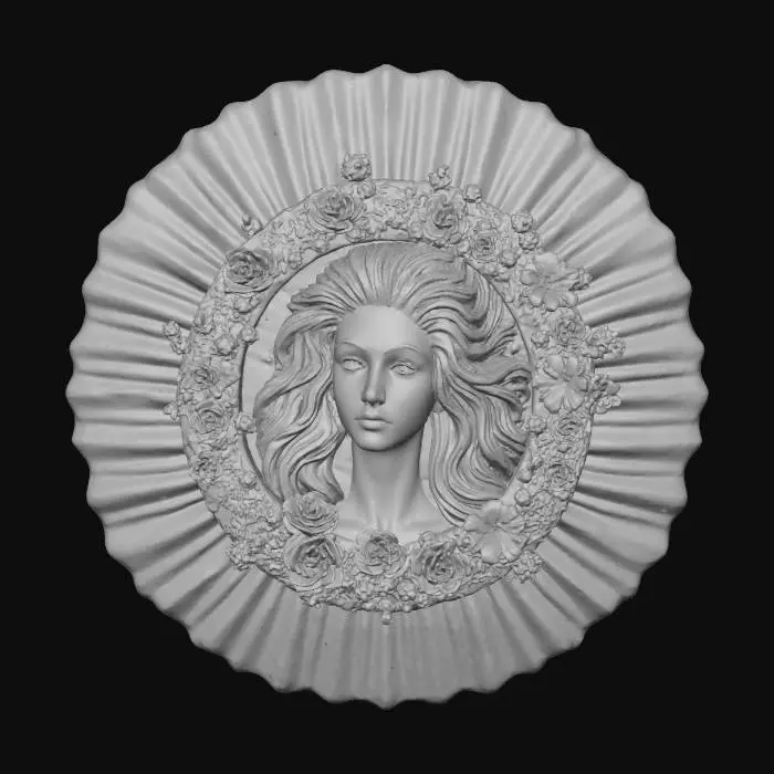 3D model for a medallion engraved on a shell, with the face of a young woman with a large mane of hair among her hair there are flowers, the medallion has a gold setting