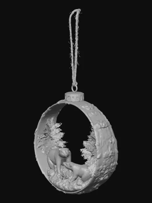 3D model for A circular 3D Christmas ornament (round) features a deeply carved, multi-layered winter forest scene. The relief depicts several polar bears standing among numerous snow-covered pine trees. Warm, tiny orange fairy lights twinkle amidst the dark forest background, creating a soft, glowing ambiance. The entire scene is encapsulated within the ornament's intricate, wavy frame. The ornament should have a small ring on top (in the middle).