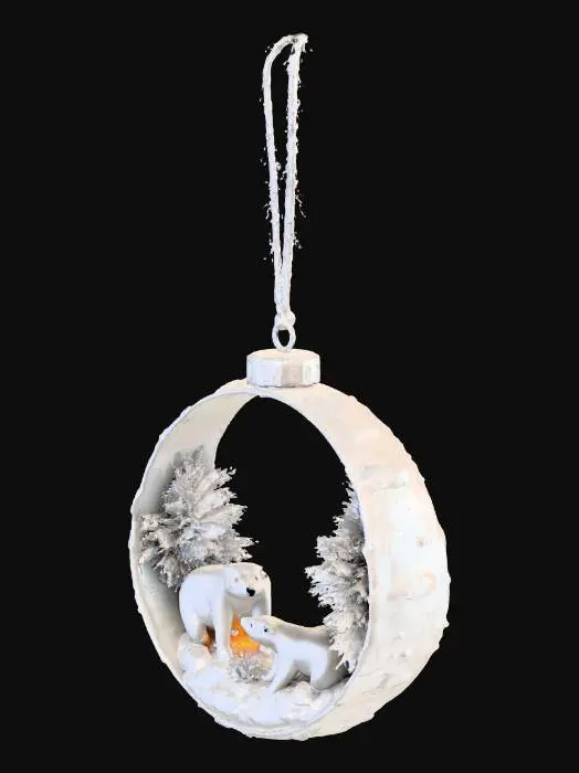 3D model for A circular 3D Christmas ornament (round) features a deeply carved, multi-layered winter forest scene. The relief depicts several polar bears standing among numerous snow-covered pine trees. Warm, tiny orange fairy lights twinkle amidst the dark forest background, creating a soft, glowing ambiance. The entire scene is encapsulated within the ornament's intricate, wavy frame. The ornament should have a small ring on top (in the middle).