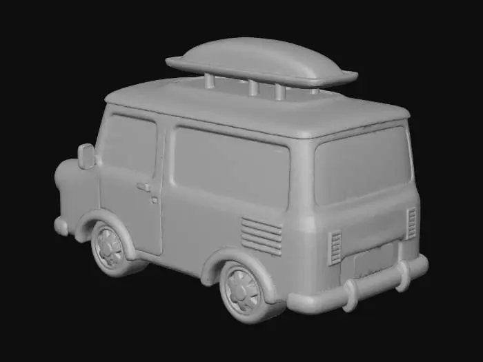 3D model for A stylized, chunky toy van with a simple, low-poly design. The art style is vibrant, cartoonish, and cel-shaded, heavily inspired by the game Subway Surfers. The body has a glossy, bright plastic material finish. The windows are completely opaque and black. The car is an inanimate object, with no facial features like eyes or a mouth.