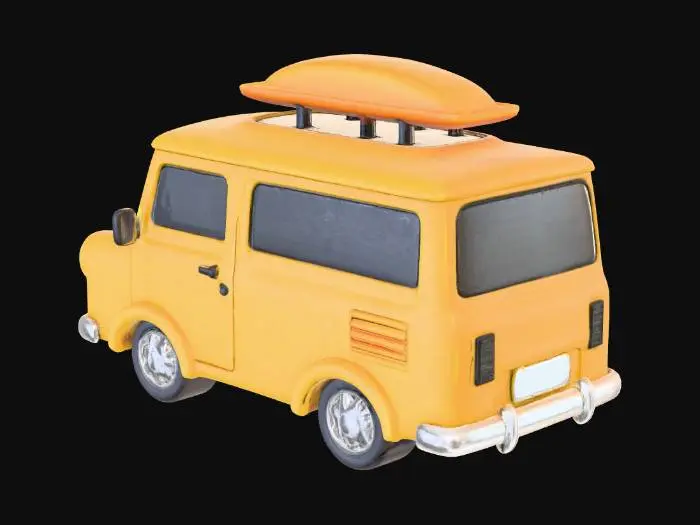 3D model for A stylized, chunky toy van with a simple, low-poly design. The art style is vibrant, cartoonish, and cel-shaded, heavily inspired by the game Subway Surfers. The body has a glossy, bright plastic material finish. The windows are completely opaque and black. The car is an inanimate object, with no facial features like eyes or a mouth.