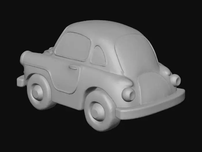 3D model for A stylized, chunky toy car with a simple, low-poly design. The art style is vibrant, cartoonish, and cel-shaded, heavily inspired by the game Subway Surfers. The body has a glossy, bright plastic material finish. The windows are completely opaque and black. The car is an inanimate object, with no facial features like eyes or a mouth.