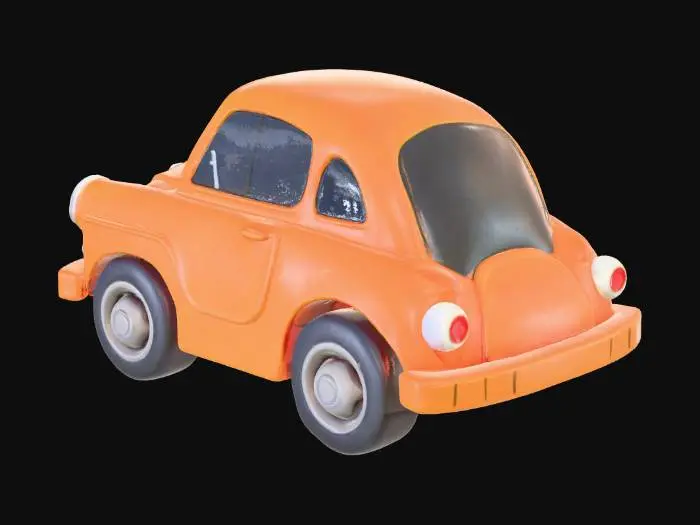 3D model for A stylized, chunky toy car with a simple, low-poly design. The art style is vibrant, cartoonish, and cel-shaded, heavily inspired by the game Subway Surfers. The body has a glossy, bright plastic material finish. The windows are completely opaque and black. The car is an inanimate object, with no facial features like eyes or a mouth.