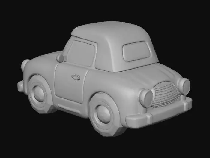 3D model for A low-poly, cartoon-style car, characterized by its distinctly faceted, geometric form. The body is constructed from clear, angular polygons, giving it a simplified, blocky silhouette, free from complex curves or anthropomorphic elements. Its surface appears smooth and uniformly colored, resembling matte plastic or painted metal, with a vibrant, solid hue like a cheerful blue or bright yellow. The wheels are similarly blocky and integrated, lacking intricate spoke details or discernible facial features, maintaining a clean, abstract aesthetic.