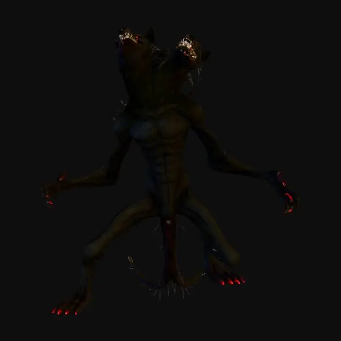 3D model for un monstre qui a deux têtes, 4 bras et deux jambes. Il est grand et fin. Il est humanoïde, mais ressemble à un loup, surtout au niveau de sa tête. Ses bras sont long et ses jambes sont courtes mais musclées. Il a de petits yeux rouges, et de grandes dents