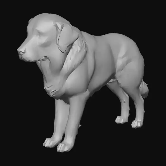 3D model for Ultra-realistic 3D Golden Retriever, light golden coat, standing on all four legs, natural pose, friendly attentive expression, fluffy fur with realistic texture and subtle color variations, detailed eyes, nose, and paw pads, natural muscle definition, physically accurate materials, high-resolution PBR textures (albedo, roughness, normal, displacement), realistic studio lighting, soft shadows, neutral background, centered composition, clean topology, optimized mesh, 4K textures,