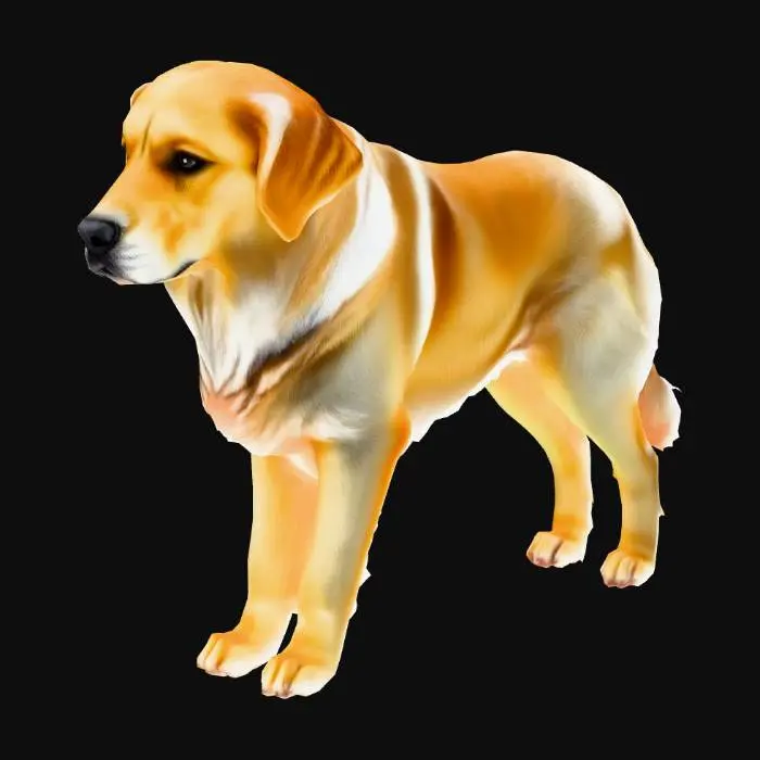 3D model for Ultra-realistic 3D Golden Retriever, light golden coat, standing on all four legs, natural pose, friendly attentive expression, fluffy fur with realistic texture and subtle color variations, detailed eyes, nose, and paw pads, natural muscle definition, physically accurate materials, high-resolution PBR textures (albedo, roughness, normal, displacement), realistic studio lighting, soft shadows, neutral background, centered composition, clean topology, optimized mesh, 4K textures,