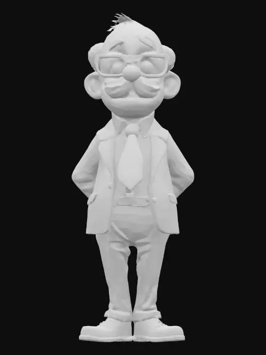 3D model for A stylized cartoon elderly male character with light skin, a bald head, and sparse white hair above his prominent ears. He wears thick-rimmed black glasses, has a grey mustache, and a slightly surprised or curious expression. His attire includes a checkered blue and red long-sleeved shirt with a deep red tie, a textured reddish-brown blazer with dark buttons, dark grey trousers, and brown leather dress shoes with laces. The character's form suggests a smooth, slightly exaggerated, soft-bodied material.