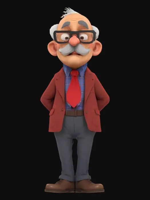 3D model for A stylized cartoon elderly male character with light skin, a bald head, and sparse white hair above his prominent ears. He wears thick-rimmed black glasses, has a grey mustache, and a slightly surprised or curious expression. His attire includes a checkered blue and red long-sleeved shirt with a deep red tie, a textured reddish-brown blazer with dark buttons, dark grey trousers, and brown leather dress shoes with laces. The character's form suggests a smooth, slightly exaggerated, soft-bodied material.
