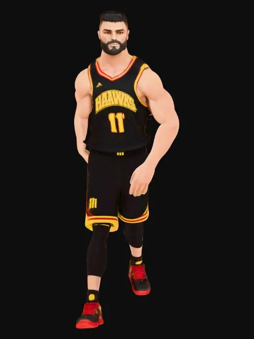 3D model for An athletic male figure stands with outstretched arms, dressed in a black sleeveless basketball uniform. The jersey features "HAWKS" in red with a yellow outline and the number "11" in yellow with a red outline on the front. Red and yellow striped trim accents the collar, armholes, and side panels, matching the stripes on the black shorts. He wears black compression tights and black-red-yellow athletic shoes, with a neutral facial expression and short curly hair.