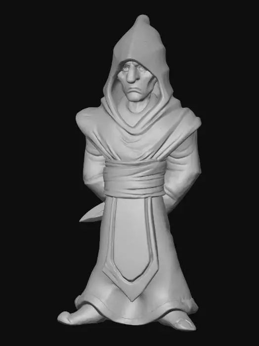 3D model for A stylized 3D render of a secretive fable character. This hooded figure stands with hands clasped behind his back, subtly concealing a sharp, polished steel dagger. His heavy-textured robe is a deep earthy brown, contrasting with a rich burgundy hood and chest panel. A cream-colored, coarsely woven sash cinches his waist. His visible face has a somber, wary expression, beneath the shadowed hood, evoking classic storytelling.