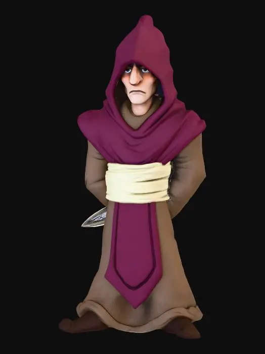 3D model for A stylized 3D render of a secretive fable character. This hooded figure stands with hands clasped behind his back, subtly concealing a sharp, polished steel dagger. His heavy-textured robe is a deep earthy brown, contrasting with a rich burgundy hood and chest panel. A cream-colored, coarsely woven sash cinches his waist. His visible face has a somber, wary expression, beneath the shadowed hood, evoking classic storytelling.