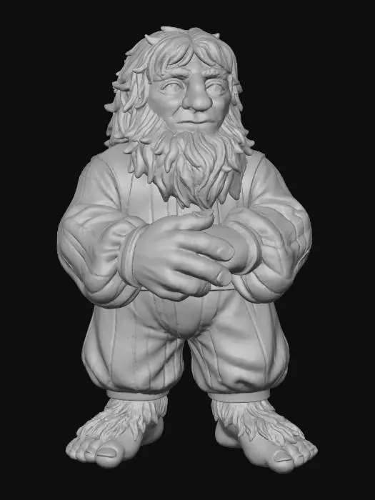 3D model for make him have brown haired feet bare foot and baggy pantoons striped olive green, and gold and also the sleeve of his shirt.