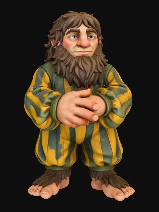 3D model for make him have brown haired feet bare foot and baggy pantoons striped olive green, and gold and also the sleeve of his shirt.