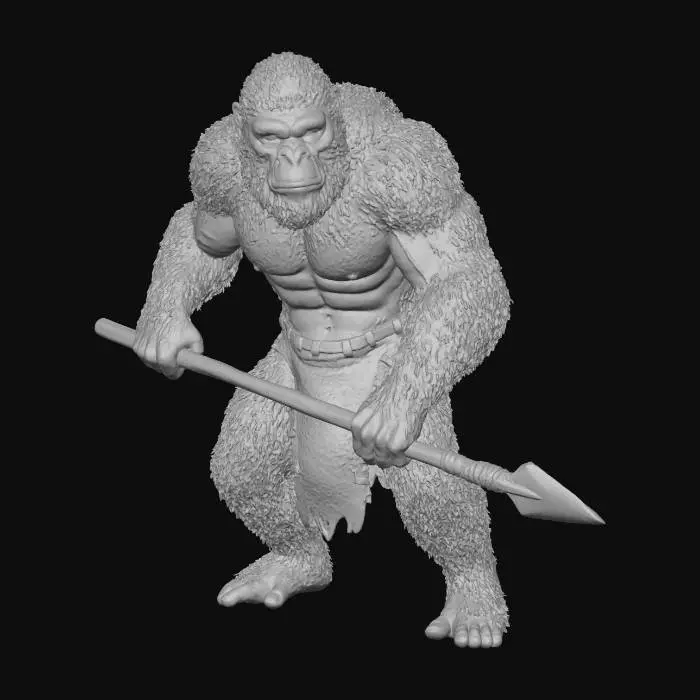 3D model for A robust, hunched primitive ape man, covered in thick, matted earthy-brown fur. His face has a prominent brow and a focused expression. He wears a roughly cut, worn animal hide loincloth, textured with coarse fibers. In his strong, muscular hands, he firmly grips a simple wooden spear with a sharp stone tip, displaying a ready, powerful stance.