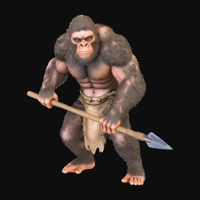 3D model for A robust, hunched primitive ape man, covered in thick, matted earthy-brown fur. His face has a prominent brow and a focused expression. He wears a roughly cut, worn animal hide loincloth, textured with coarse fibers. In his strong, muscular hands, he firmly grips a simple wooden spear with a sharp stone tip, displaying a ready, powerful stance.