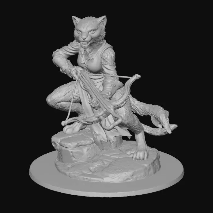 3D model for A white-furred female catfolk 3D miniature, with piercing blue eyes, sculpted in a dynamic action pose on a textured base. She wears a flowing red dress. She firmly holds a stylized crossbow, featuring dark gnarled wood with elegant swirling ends and polished metallic accents, with a taut string. The material resembles unpainted resin, offering a smooth yet detailed tactile quality. Her expression is determined.