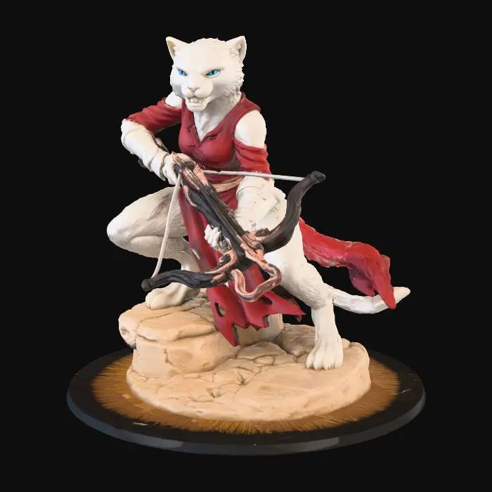 3D model for A white-furred female catfolk 3D miniature, with piercing blue eyes, sculpted in a dynamic action pose on a textured base. She wears a flowing red dress. She firmly holds a stylized crossbow, featuring dark gnarled wood with elegant swirling ends and polished metallic accents, with a taut string. The material resembles unpainted resin, offering a smooth yet detailed tactile quality. Her expression is determined.