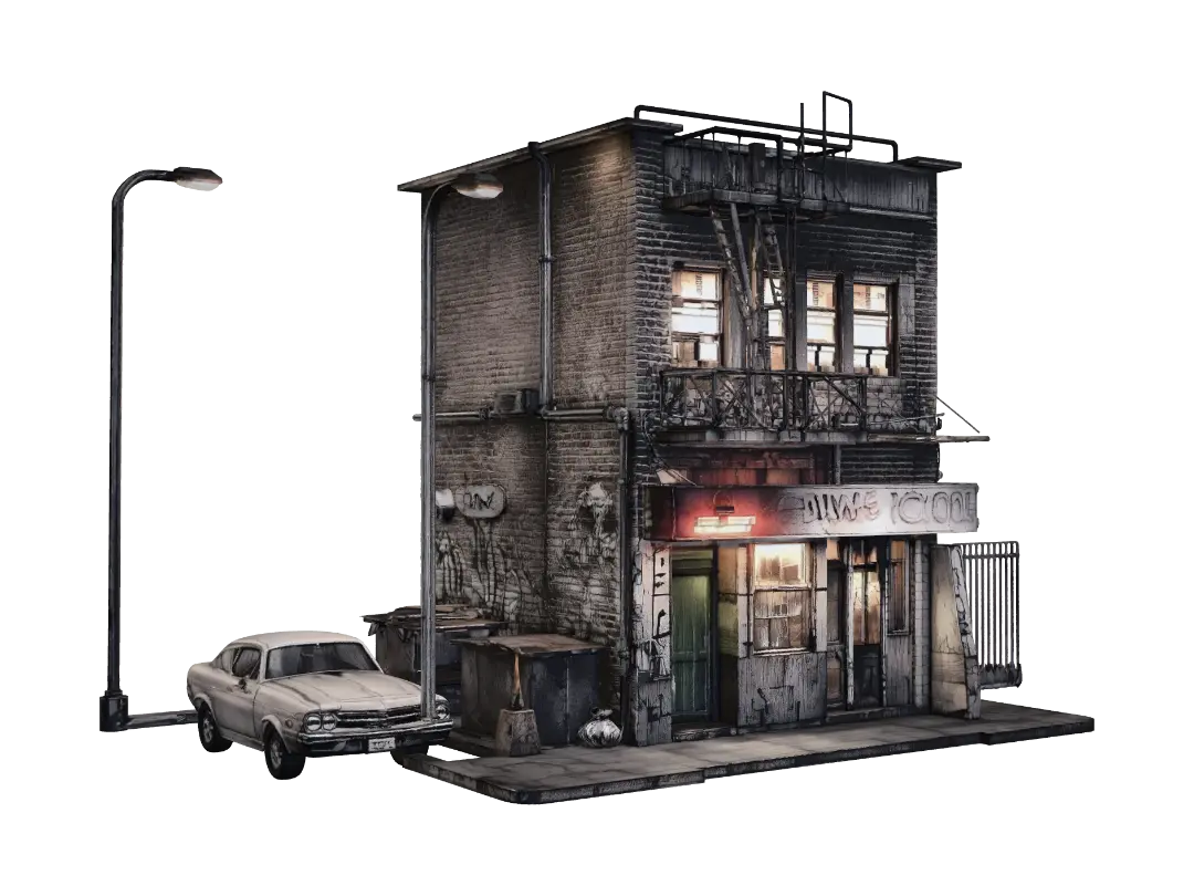 Neon at the Brick Corner - Apocalypse 3D model, vytvořený pomocí AI