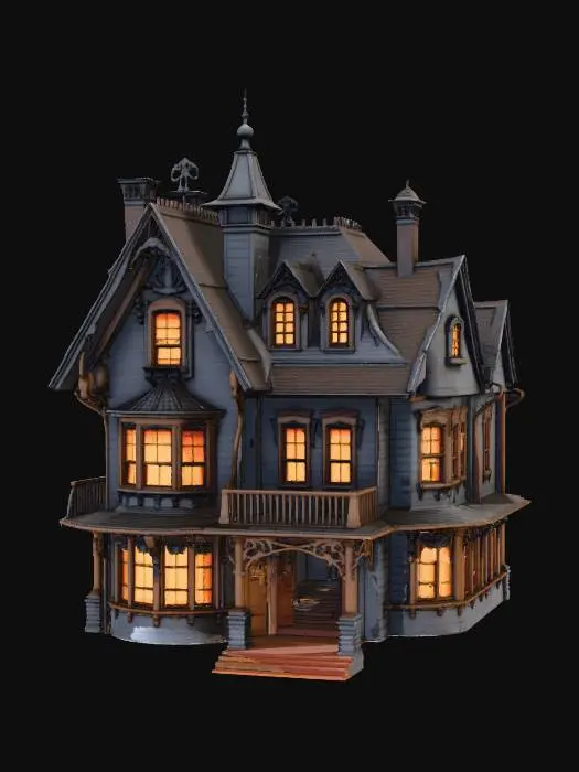 3D model for eliminar los objetos fuera de la casa, como arboles, calabazas, murcielagos y fondo de imagen o cielo de un mismo color oscuro