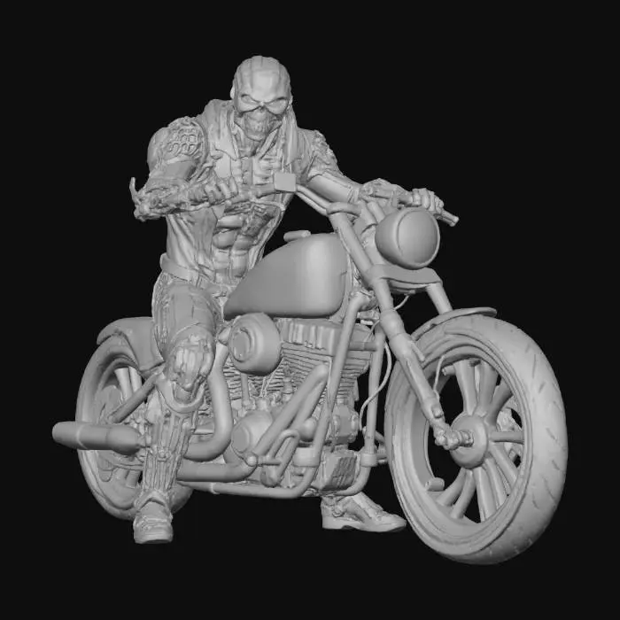 3D model for Completar moto  y conductor con el fondo de color liso. tiene que verse todo el personaje y la moto en la imagen, con el deposito decorado de forma demoniaca tambien