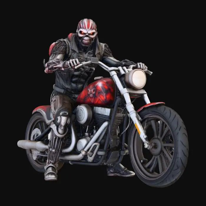 3D model for Completar moto  y conductor con el fondo de color liso. tiene que verse todo el personaje y la moto en la imagen, con el deposito decorado de forma demoniaca tambien