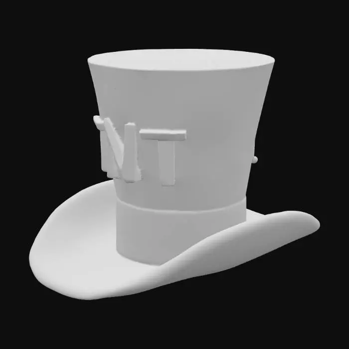3D model for a top hat with the word TNT written on it with black pixels, the hat is white with the top and bottom of it being red