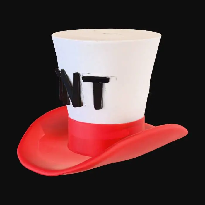 3D model for a top hat with the word TNT written on it with black pixels, the hat is white with the top and bottom of it being red