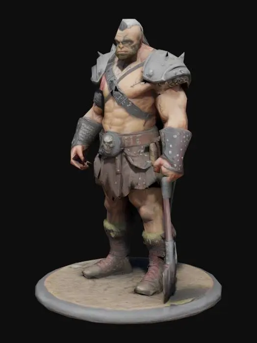 3D model for 32mm scale miniature of a half-orc barbarian with punk aesthetics, standing on a textured round base. He has a short warrior-cut hairstyle like Tyler Durden, a mean yet kind expression, and a muscular build. He wears a studded leather jacket over chainmail, spiked bracers, torn cloth wraps, and heavy boots. He wields a battle-worn greataxe in one hand, standing in an aggressive pose. The model has detailed textures, scars, and worn armor, optimized for 3D printing