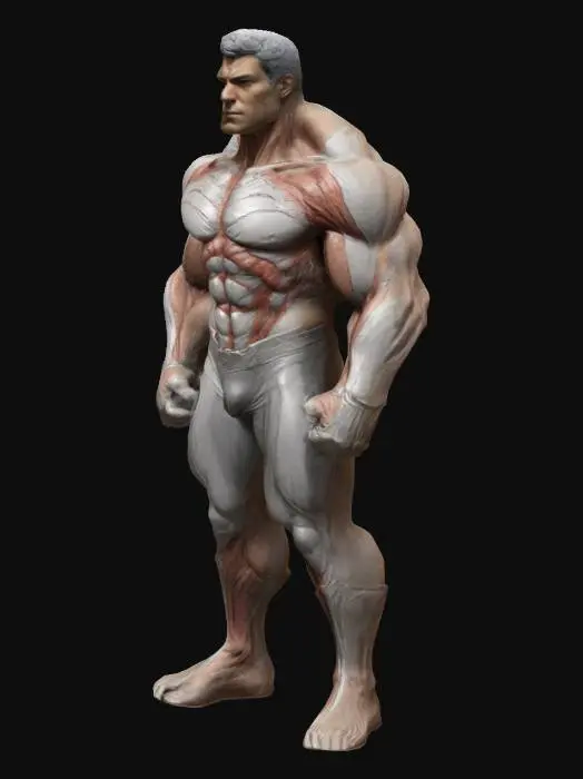 3D model for erstelle mir eine realistisch wirkende  statue mit richtiger menschlicher anatomie in einem mix aus der antike und marvel charakteren. bitte sehr hochauflösend und detailgenau. stelle alle körperteil realistisch da. hände, gesicht und die komplette anatomie. zeige den penis nicht wie auf diesem modell, sondern zieh dem modell eine hose an wie ein superheld.
