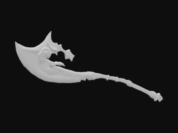 3D model for A dark, mystical 3D model of a Death Scythe, crafted from blackened steel with an eerie, glowing crimson edge. The blade is long, curved, and razor-sharp, with intricate eldritch runes engraved along its surface. The handle is wrapped in aged, tattered leather and adorned with skeletal motifs, chains, and glowing red gemstones. A faint aura of dark energy surrounds the scythe, giving it an ominous and supernatural presence. Designed for a dark fantasy or gothic setting