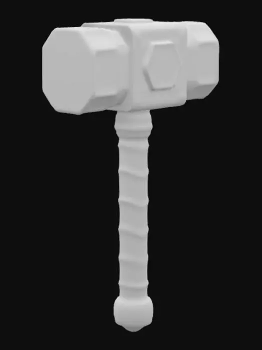 3D model for A mystical Norse hammer, Mjölnir, floating in a stormy sky, surrounded by crackling blue lightning. Made of uru metal with ancient runes glowing faintly. The handle is wrapped in brown leather, radiating divine energy