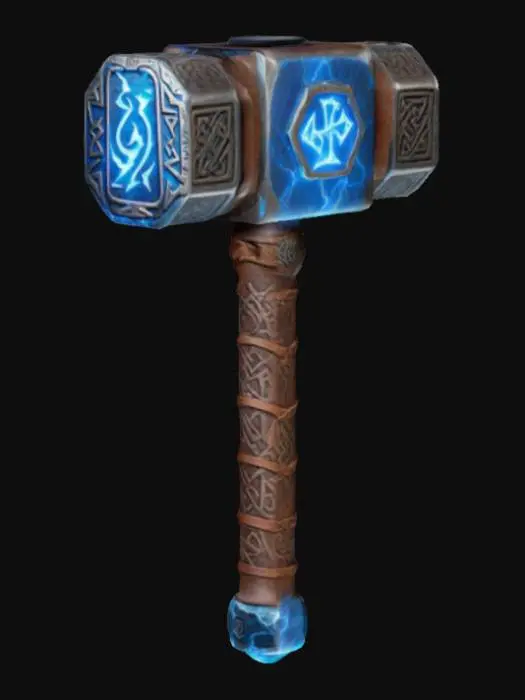 3D model for A mystical Norse hammer, Mjölnir, floating in a stormy sky, surrounded by crackling blue lightning. Made of uru metal with ancient runes glowing faintly. The handle is wrapped in brown leather, radiating divine energy